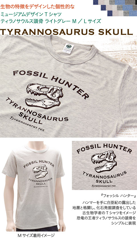 ミュージアムデザイン Tシャツ ティラノサウルス頭骨 ライトグレー M／Lサイズ 半袖