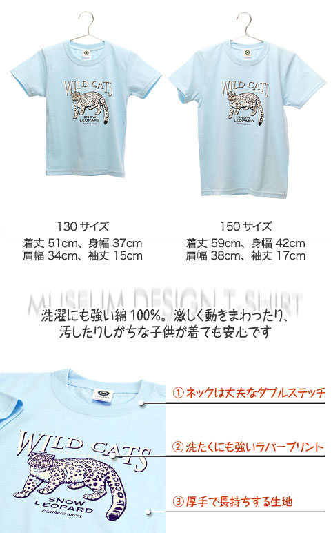 動物 生物 ミュージアムデザイン Tシャツ ユキヒョウ ライトブルー