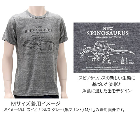 動物 生物 サイエンスデザイン Tシャツ スピノサウルス グレー M／Lサイズ 半袖 / カロラータ オンラインショップ